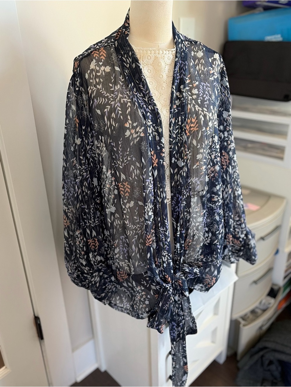 Free People Navy Sheer Floral Tie-Front Blouse with Pink Accents